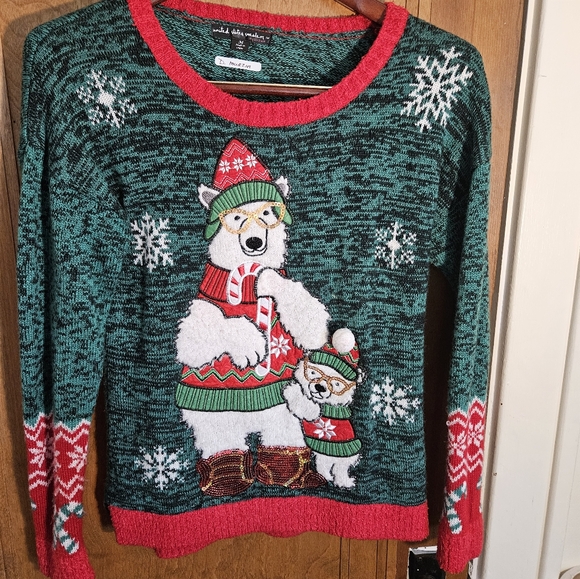 Ugly Christmas Sweater Polar Bear W/Cub & Snow Flakes, Green, Red, Women's M - Picture 1 of 3